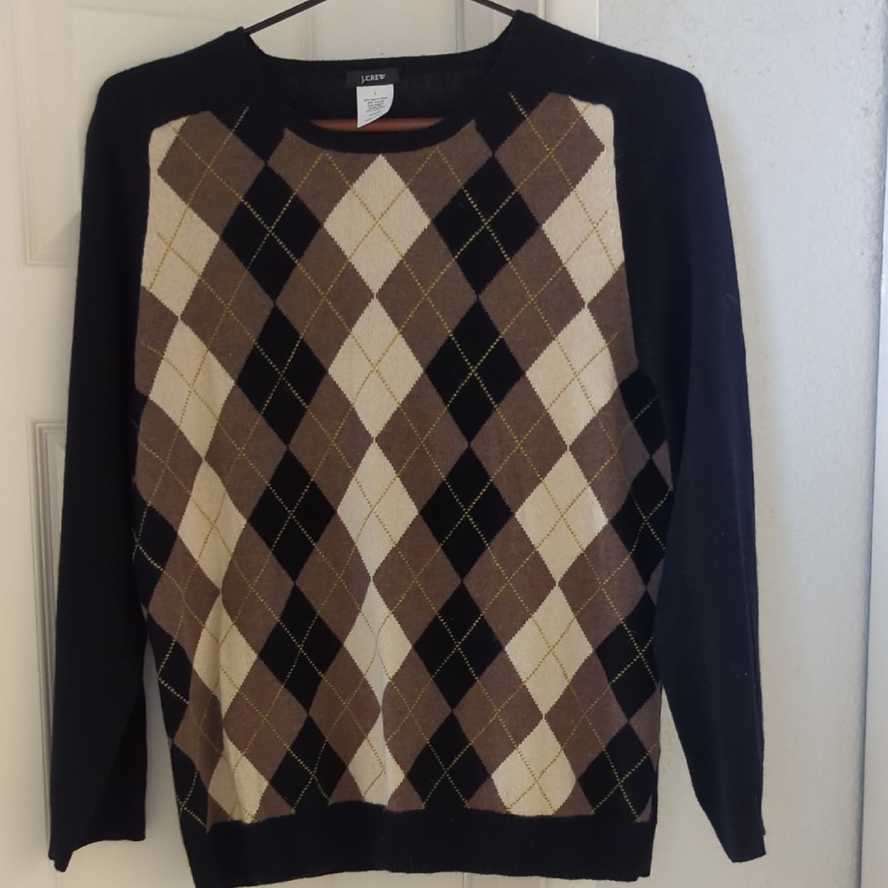 J. Crew Men's Argyle Crewneck Sweater - Black, Brown, and Cream